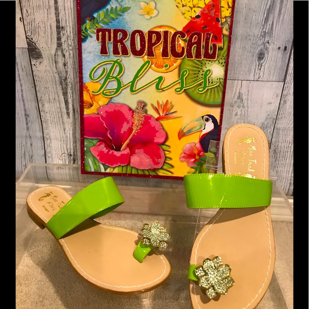 Green patent flower sandals